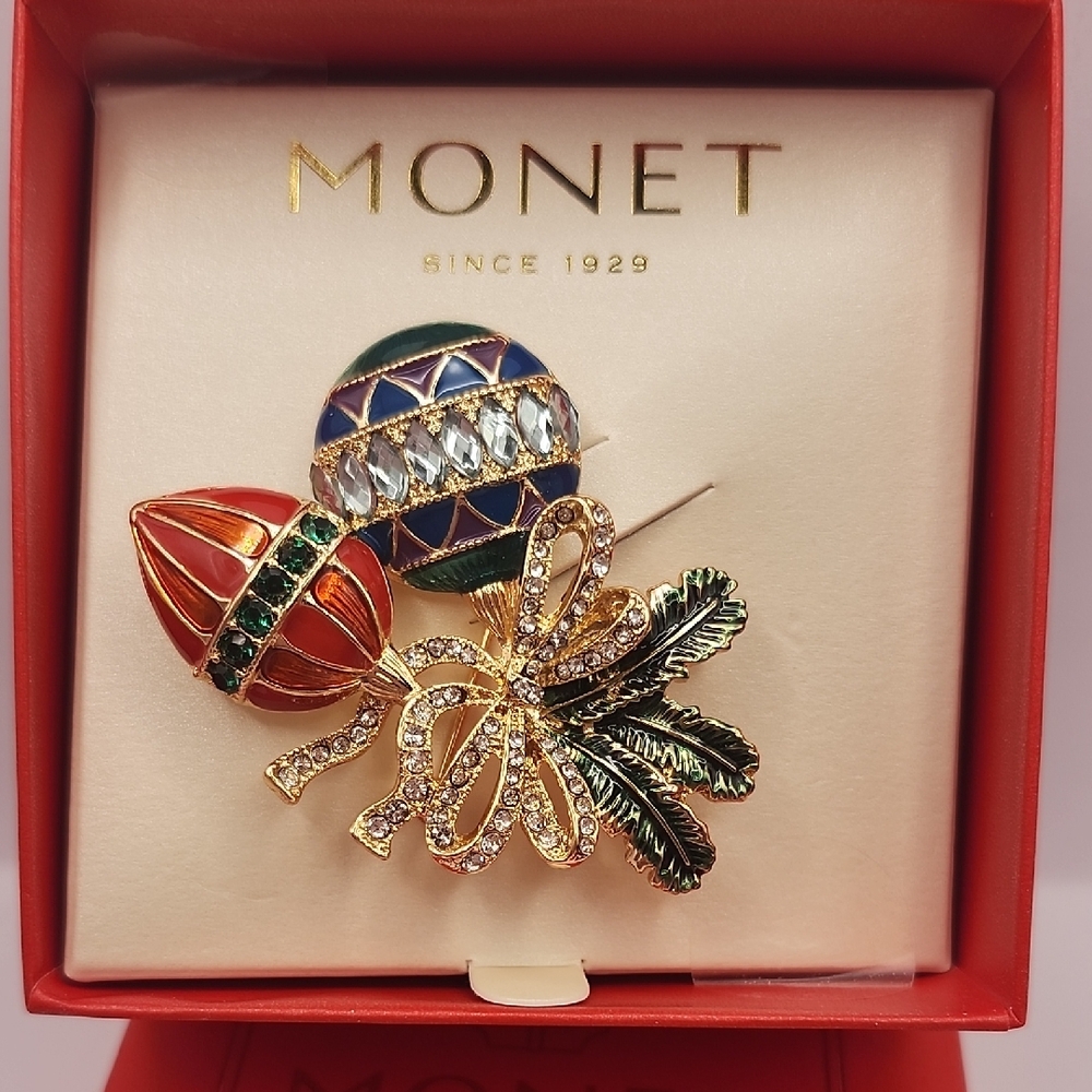 Monet Gold-tone Brooch with Red, Blue, Green & Ornaments for Christmas NWT